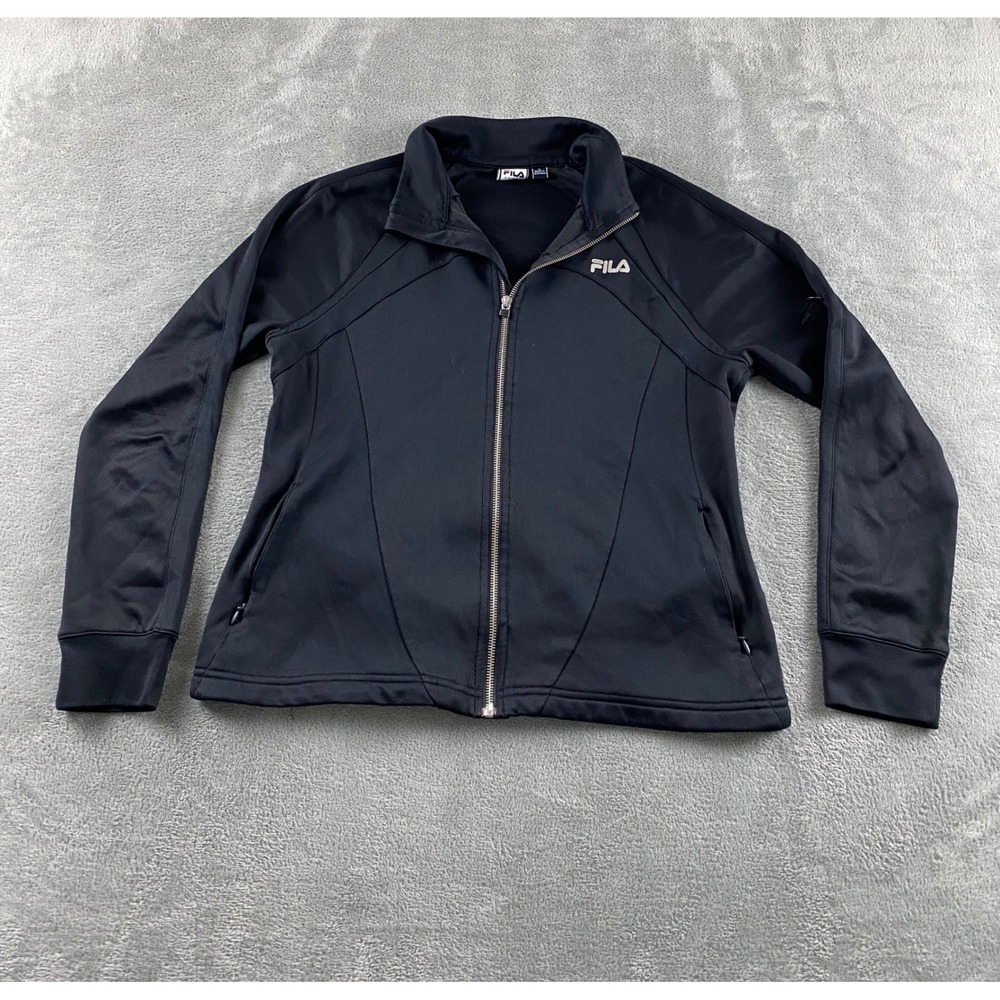 Fila Sport Womens Black Full Zip Track Jacket Fleece Lined Mock Neck Large